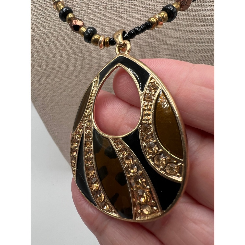 Leopard Enamel Teardrop Pendant Necklace Boho Mob Wife Y2K Gold Tone Rhinestone